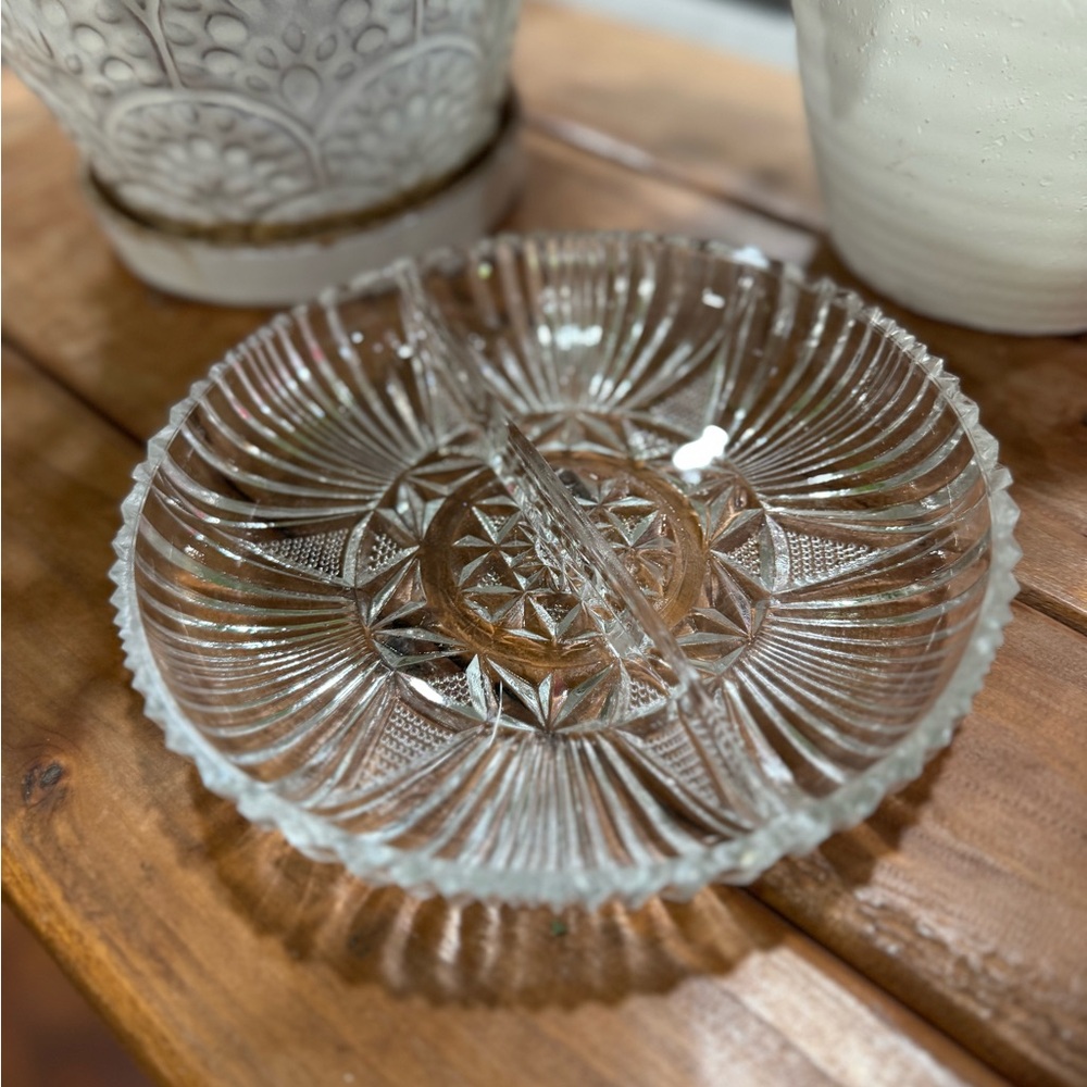 Vintage EAPG‎ Art deco cut relish 1950s Elegant Clear Glass Serving Dish
